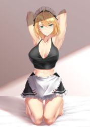 Rule 34 | 1girl, abs, absurdres, apron, aqua eyes, armpits, arms behind head, barefoot, bed sheet, blonde hair, braid, braided bangs, breasts, c.rabbit, collarbone, expressionless, g36 (girls&#039; frontline), g36 (mod3) (girls&#039; frontline), girls&#039; frontline, hair between eyes, head tilt, highres, kneeling, looking at viewer, maid, maid apron, maid headdress, medium breasts, midriff, mod3 (girls&#039; frontline), navel, no shoes, sidelocks, solo, stomach, tank top, toned, waist apron