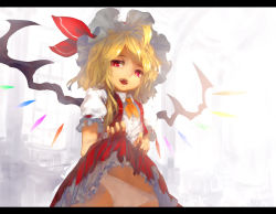 Rule 34 | 1girl, ascot, blonde hair, blush, clothes lift, fang, female focus, flandre scarlet, from below, hat, hat ribbon, highres, letterboxed, looking at viewer, open mouth, panties, red eyes, ribbon, side ponytail, skirt, skirt lift, skirt set, smile, solo, tlman, touhou, underwear, upskirt, white panties, wings