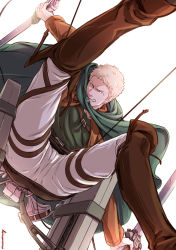 Rule 34 | 1boy, ass, blonde hair, boots, capelet, chest harness, feet out of frame, from below, green capelet, harness, knee boots, leather, leather boots, looking at viewer, male focus, maru mary, pectorals, reiner braun, shingeki no kyojin, short hair, sideburns, solo, thighs