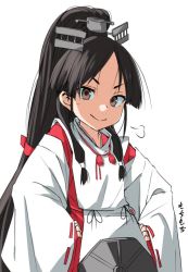 Rule 34 | 1girl, artist name, black hair, brown eyes, cowboy shot, hair tie, headgear, high ponytail, japanese clothes, kantai collection, kariginu, long hair, long sleeves, looking at viewer, moti coi, multi-tied hair, nisshin (kancolle), one-hour drawing challenge, red ribbon, ribbon, ribbon-trimmed sleeves, ribbon trim, short eyebrows, simple background, smug, solo, standing, thick eyebrows, very long hair, white background, wide sleeves