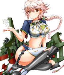Rule 34 | 10s, 1girl, arm support, braid, breasts, cannon, cleavage cutout, clothing cutout, cloud print, crop top, g pon (gachapon), green thighhighs, kantai collection, long hair, mecha musume, midriff, pleated skirt, short sleeves, single braid, sitting, skirt, smile, solo, tareme, thighhighs, unryuu (kancolle), very long hair, white hair, yellow eyes