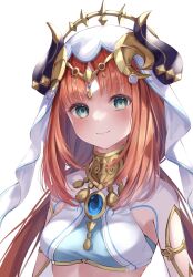 Rule 34 | 1girl, blush, breasts, brooch, circlet, closed mouth, clothing cutout, commentary request, crop top, detached sleeves, fake horns, genshin impact, gold trim, highres, horns, jewelry, long hair, looking at viewer, low twintails, medium breasts, neck ring, nilou (genshin impact), parted bangs, red hair, ryuna (inc moon), sidelocks, simple background, smile, solo, twintails, upper body, veil, white background, white headwear