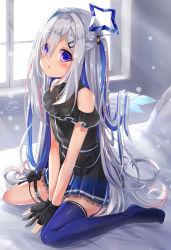 Rule 34 | 1girl, absurdres, amane kanata, amane kanata (work), angel, angel wings, arms between legs, asymmetrical legwear, bare arms, bare shoulders, belt, black dress, black gloves, black socks, blue belt, blue hair, blue thighhighs, blue wings, blurry, bokeh, colored inner hair, commentary request, depth of field, dress, eyes visible through hair, feathered wings, full body, gloves, gradient wings, hair ornament, hair over one eye, hairclip, halo, highres, hololive, jewelry, kneehighs, light particles, light rays, long hair, mini wings, mismatched legwear, multicolored hair, multicolored wings, necklace, no shoes, off-shoulder dress, off shoulder, official alternate costume, on bed, partially fingerless gloves, pink hair, pleated dress, pouch, purple eyes, short dress, signature, silver hair, single hair intake, single kneehigh, single sock, single thighhigh, sitting, socks, solo, star (symbol), star halo, star necklace, streaked hair, sunbeam, sunlight, thigh pouch, thighhighs, two side up, uneven legwear, v arms, very long hair, virtual youtuber, wariza, white wings, window, wings, yukikawa sara