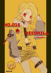 Rule 34 | 1girl, beedrill, blonde hair, character name, collar, cowboy shot, creatures (company), dated, drawstring, earrings, expressionless, fishnet legwear, fishnets, game freak, gen 1 pokemon, highres, honeycomb (pattern), jewelry, long sleeves, looking at viewer, midriff, narumame, navel, nintendo, personification, pokedex number, pokemon, red eyes, ring, short hair, solo, twitter username