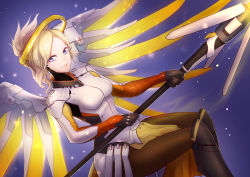 Rule 34 | 1girl, absurdres, armor, blonde hair, blue background, blue eyes, bodysuit, boots, breasts, brown footwear, brown pantyhose, dutch angle, faulds, glowing, glowing wings, halo, high ponytail, highres, holding, holding staff, knee boots, light particles, light smile, lochris, looking at viewer, mechanical halo, mechanical wings, medium breasts, mercy (overwatch), overwatch, overwatch 1, pantyhose, pelvic curtain, side ponytail, sitting, solo, spread wings, staff, wings, yellow wings