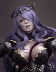 Rule 34 | 1girl, between breasts, breasts, camilla (fire emblem), fire emblem, fire emblem fates, fire emblem heroes, highres, large breasts, long hair, looking at viewer, nintendo, open mouth, purple hair, red eyes, smile, solo, tagme, upper body