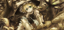 Rule 34 | 1girl, blonde hair, broom, broom riding, female focus, folce, forest, green eyes, hat, kirisame marisa, nature, smile, solo, touhou, witch hat