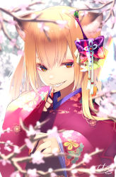 Rule 34 | 1girl, animal ear fluff, animal ears, blurry, blurry foreground, bow, branch, brown hair, chita (ketchup), depth of field, floral print, grin, hair between eyes, hair bow, hands up, highres, japanese clothes, kimono, long hair, long sleeves, looking at viewer, nail polish, original, print kimono, purple bow, purple kimono, red eyes, red nails, short eyebrows, sleeves past wrists, smile, solo, thick eyebrows, upper body, wide sleeves