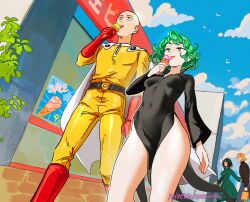 Rule 34 | 2boys, 2girls, bald, belt, black belt, black dress, black shirt, blue sky, boots, breasts, building, cape, cloud, collared dress, commentary, covered navel, day, dress, eating, english commentary, food, fubuki (one-punch man), green dress, green eyes, green hair, highres, holding, holding food, holding ice cream, ice cream, king (one-punch man), long sleeves, multiple boys, multiple girls, one-punch man, outdoors, patreon username, pelvic curtain, red footwear, saitama (one-punch man), shirt, siblings, sisters, sky, small breasts, snegovski, standing, tatsumaki, thighs, tongue, tongue out, watermark, web address, white cape