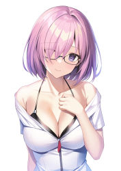 Rule 34 | 1girl, alternate costume, bare shoulders, black-framed eyewear, black bra, blush, bra, breasts, cleavage, closed mouth, collarbone, commentary, fate/grand order, fate (series), glasses, hair over one eye, highres, jacket, light purple hair, looking at viewer, mash kyrielight, medium breasts, mishiro (ixtlolton), off shoulder, one eye covered, purple eyes, simple background, smile, solo, underwear, white background, white jacket, zipper