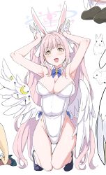 Rule 34 | 1girl, alternate hairstyle, animal ears, armpits, arms up, bare shoulders, blue archive, blush, bow, bowtie, breasts, clearite, cleavage, covered navel, fake animal ears, feathered wings, gloves, hair ribbon, half gloves, highres, kneeling, large breasts, leotard, long hair, looking at viewer, low wings, mika (blue archive), open mouth, pink hair, playboy bunny, rabbit pose, ribbon, sidelocks, smile, solo, thighs, twintails, white gloves, white leotard, wings, yellow eyes