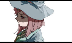 Rule 34 | 1girl, brown hair, commentary request, danganronpa (series), danganronpa v3: killing harmony, grey background, hair ornament, half-closed eye, hat, highres, jacket, letterboxed, mi cha iru, pointy nose, profile, shirt, short hair, simple background, skirt, solo, upper body, white background, witch hat, yumeno himiko
