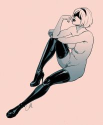 Rule 34 | 1girl, black thighhighs, blindfold, boots, breasts, commentary, covered eyes, crossed arms, english commentary, female pubic hair, finger to mouth, full body, hairband, high heel boots, high heels, lips, lipstick, looking at viewer, makeup, medium breasts, monochrome, nier (series), nier:automata, nipples, nude, pubic hair, pussy, rennerei, short hair, signature, sitting, solo, stiletto heels, thigh boots, thighhighs, uncensored, 2b (nier:automata)