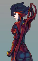 Rule 34 | 10s, 1girl, artist request, ass, black hair, body armor, from behind, grey background, halo (game), halo (series), highres, kill la kill, matoi ryuuko, multicolored hair, red hair, solo