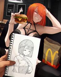 Rule 34 | 1boy, 1girl, absurdres, alternate breast size, artist name, big mac, black bra, black thighhighs, blush, bra, breasts, burger, collarbone, couch, curvy, grin, highres, inkspirate, large breasts, lingerie, looking at viewer, mcdonald&#039;s, mother (yoru mac), pov, red eyes, red hair, sitting, sketchbook, small breasts, smile, solo focus, spread legs, teeth, thick thighs, thighhighs, thighs, underwear, wide hips, yoru mac