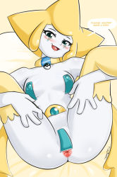 Rule 34 | 1girl, anus, anus only, areola slip, bed, blonde hair, blush, breasts, collar, covered erect nipples, creatures (company), english text, eyelashes, female focus, game freak, gen 3 pokemon, green eyes, highres, jirachi, legendary pokemon, legs up, looking at viewer, lying, maebari, medium breasts, mythical pokemon, nintendo, no humans, nude, open mouth, pasties, pokemon, pokemon (creature), presenting, shadowill, solo, speech bubble, spread legs, talking, text focus, thighhighs, third eye, uncensored