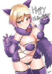 Rule 34 | 1girl, animal ears, bare shoulders, black panties, blonde hair, blush, bow, breasts, claw pose, claws, cosplay, cowboy shot, detached collar, elbow gloves, eyelashes, fang, fate/grand order, fate (series), fur, fur trim, gloves, halloween, halloween costume, highres, lace, lace-trimmed legwear, lace trim, large breasts, looking at viewer, mash kyrielight, mash kyrielight (dangerous beast), mash kyrielight (dangerous beast) (cosplay), navel, nekobox, o-ring, official alternate costume, original, palms, panties, pink bow, purple eyes, purple gloves, revealing clothes, shielder (fate/grand order) (cosplay), short hair, simple background, smile, solo, stomach, tail, thigh gap, thighhighs, underwear, white background, wolf ears, wolf tail