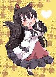 Rule 34 | 1girl, animal ears, black footwear, black hair, blush, dress, fang, full body, hair between eyes, highres, imaizumi kagerou, long hair, long sleeves, open mouth, red dress, red eyes, rokugou daisuke, shoes, signature, smile, solo, tail, touhou, white dress, wolf ears, wolf tail