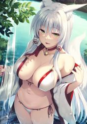 Rule 34 | 1girl, animal ear fluff, animal ears, bell, bikini, breasts, chinese knot, choker, cleavage, collarbone, cowboy shot, day, fox ears, fox girl, fox tail, front-tie top, hair between eyes, hair intakes, hair tubes, highres, japanese clothes, large breasts, long hair, looking at viewer, navel, neck bell, off shoulder, open clothes, open mouth, original, plant, red choker, side-tie bikini bottom, single bare shoulder, solo, standing, stomach, string bikini, swimsuit, tail, two-tone bikini, water, wet, white hair, white tail, wide sleeves, yuzu modoki