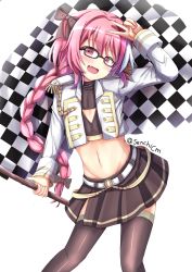 Rule 34 | 1boy, alternate costume, astolfo (fate), black bow, black thighhighs, bow, braid, checkered flag, cleavage cutout, clothing cutout, crop top, epaulettes, fang, fate/apocrypha, fate (series), flag, glasses, hair bow, hair intakes, hand on own hip, hat, highres, holding, jacket, jeanne d&#039;arc (type-moon racing) (fate), long hair, male focus, multicolored hair, navel, open mouth, pectoral cleavage, pectorals, pink hair, purple eyes, race queen, senchimee, single braid, skirt, smile, solo, streaked hair, thighhighs, trap, white background