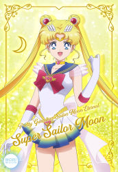 Rule 34 | 1girl, :d, bishoujo senshi sailor moon, bishoujo senshi sailor moon crystal, blonde hair, blue eyes, blue sailor collar, brooch, card (medium), character name, choker, circlet, collarbone, collared shirt, copyright name, crescent, crescent earrings, double bun, earrings, elbow gloves, female focus, gloves, hair bun, hair intakes, heart, heart brooch, heart choker, highres, jewelry, long hair, looking at viewer, magical girl, miniskirt, morimoon, multicolored clothes, multicolored skirt, open mouth, pleated skirt, sailor collar, sailor moon, sailor senshi uniform, sailor shirt, shirt, skirt, sleeveless, sleeveless shirt, smile, solo, standing, super sailor moon, tsukino usagi, twintails, very long hair, white gloves, white shirt, yellow background, yellow choker