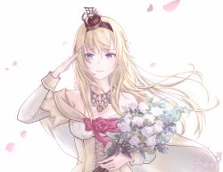 Rule 34 | 1girl, black hairband, blonde hair, blue eyes, braid, breasts, check commentary, commentary request, commission, corset, crown, dress, flower, french braid, garter straps, hairband, highres, holding, holding flower, kamo mayor, kantai collection, long hair, long sleeves, looking at viewer, medium breasts, mini crown, off-shoulder dress, off shoulder, pixiv commission, red flower, red rose, rose, salute, solo, standing, thighhighs, warspite (kancolle), white background, white dress, white flower, white rose