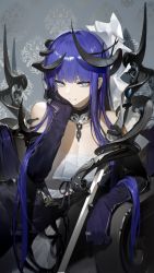 Rule 34 | 1girl, bare shoulders, blue eyes, blue hair, breasts, broken, broken chain, chain, chain, chair, cleavage, collar, dress, elbow gloves, gloves, hand on own cheek, hand on own face, highres, horns, jewelry, long hair, metal collar, original, pinky ring, ring, shui ran moon, sitting, solo, sword, upper body, weapon, white dress