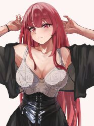 Rule 34 | 1girl, armpits, black corset, black jacket, blush, bra, breasts, collarbone, corset, hands in own hair, highres, hololive, hololive english, jacket, large breasts, long hair, looking at viewer, mori calliope, mr thecatman, open clothes, open jacket, red eyes, red hair, underwear, virtual youtuber, white bra