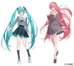 Rule 34 | 2girls, alternate costume, arm at side, arms at sides, black hairband, black ribbon, black skirt, black socks, blouse, blue eyes, blue hair, breasts, brown footwear, closed mouth, collarbone, collared dress, commentary request, contrapposto, crypton future media, dot nose, dress, female focus, fingernails, flat chest, floating hair, full body, grey dress, grey shirt, hair between eyes, hairband, hand on own chest, hand up, hatsune miku, height difference, highres, kneehighs, legs apart, legs together, light blush, light smile, loafers, long hair, long sleeves, matching hair/eyes, megurine luka, multiple girls, neck ribbon, official art, open mouth, pink hair, pink pupils, pleated dress, pleated skirt, purple eyes, red ribbon, ribbon, sailor collar, school uniform, shirt, shoes, side-by-side, sidelighting, simple background, skirt, small breasts, sneakers, socks, teeth, teffish, tsurime, twintails, upper teeth only, very long hair, vocaloid, white background, white footwear, white legwear, white sailor collar