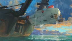 Rule 34 | artist name, boat, chinese commentary, cloud, cloudy sky, commentary request, crane (machine), dated, dusk, highres, no humans, ocean, original, outdoors, scenery, sky, submarine, watercraft, xilmo