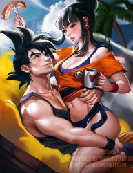 Rule 34 | 1boy, 1girl, bikini, black hair, blue panties, blunt bangs, blush, breasts, chi-chi (dragon ball), cleavage, cloud, cloudy sky, coffee, coffee mug, collarbone, couple, cup, day, dragon ball, dragonball z, earrings, eyelashes, food, fork, hair bun, heart, husband and wife, jewelry, large breasts, long hair, looking at another, meat, mug, muscular, navel, open mouth, palm tree, panties, sakimichan, short sleeves, single hair bun, sitting, sitting on lap, sitting on person, sky, son goku, spiked hair, sweatband, swimsuit, tank top, tree, underwear, watermark, wristband