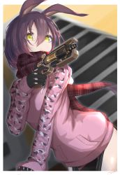 Rule 34 | 1girl, absurdres, android, animal ears, apex legends, brown hair, camouflage, closed mouth, gun, handgun, highres, holding, holding gun, holding weapon, hololive, hood, hoodie, leaning forward, long sleeves, looking at viewer, looking down, mechanical arms, mechanical legs, mine tsukasa, no pants, pink hoodie, pistol, plaid, plaid scarf, rabbit ears, red scarf, reverse outfit, roboco-san, roboco-san (hoodie), scarf, scowl, short hair, solo, virtual youtuber, weapon, yellow eyes