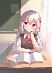 Rule 34 | 1girl, absurdres, blush, book, bow, bowtie, brown sweater vest, chalkboard, classroom, closed mouth, curtains, desk, eleven-sora, grey hair, hair ornament, hairclip, hand on own cheek, hand on own face, highres, indoors, long hair, notebook, open book, original, paper, pen, pencil case, red bow, red bowtie, red eyes, school desk, school uniform, shirt, sleeves rolled up, solo, sweater vest, white shirt