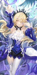 Rule 34 | 1girl, blonde hair, blue dress, detached sleeves, dress, fischl (ein immernachtstraum) (genshin impact), fischl (genshin impact), genshin impact, haruri, highres, long hair, looking at viewer, nail polish, smile, solo