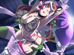 Rule 34 | 1girl, arms up, bad tag, bdsm, bent over, blue eyes, blush, bondage, bound, bound wrists, breasts, brown hair, cum, discovery, front-tie top, game cg, gan-chan (artist), grabbing, grabbing another&#039;s breast, grabbing from behind, hitozuma sentai aisaiger, long hair, monster, morisaki miku, night, nipples, open mouth, outdoors, panties, restrained, see-through, sentai, sex, sex from behind, side-tie panties, standing, tongue, torn clothes, underwear, vaginal