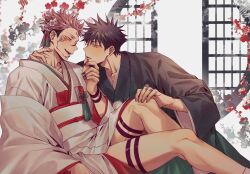 Rule 34 | 2boys, absurdres, azukiharuta ju, black hair, black nails, black robe, blush, extra eyes, eye contact, facial tattoo, feet out of frame, fingernails, flower, fushiguro megumi, green eyes, hair flower, hair ornament, hand on another&#039;s chin, hand on another&#039;s face, hand on another&#039;s knee, highres, jujutsu kaisen, leg tattoo, long sleeves, looking at another, male focus, multiple boys, neck tattoo, open mouth, parted lips, pink hair, red eyes, robe, ryoumen sukuna (jujutsu kaisen), sharp fingernails, short hair, smile, tattoo, teeth, undercut, white robe, yaoi
