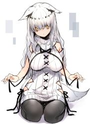 Rule 34 | 1girl, animal ears, bare shoulders, black legwear, breasts, expressionless, highres, looking at viewer, original, otokuyou, seiza, sitting, solo, sweater, tail, turtleneck, turtleneck sweater, white hair, yellow eyes