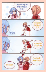 Rule 34 | 2girls, 4koma, ?, blonde hair, blush, brown eyes, closed mouth, comic, commentary, english commentary, english text, flandre scarlet, highres, jitome, light purple hair, looking at another, multiple girls, open mouth, parted lips, remilia scarlet, short hair, short ponytail, side ponytail, sparkle, speech bubble, touhou, wings, yoruny