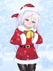 Rule 34 | 1girl, aikousha (ico-sha), frieren, gloves, grey hair, hat, highres, long sleeves, looking at viewer, santa costume, santa hat, smile, solo, sousou no frieren, twintails