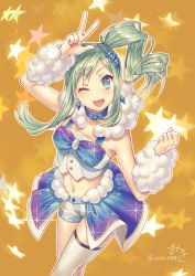 Rule 34 | 1girl, ;d, asymmetrical legwear, bad id, bad pixiv id, blue eyes, collar, creatures (company), crop top, earrings, floating hair, game freak, green hair, hair ribbon, head tilt, highres, jewelry, lisia (pokemon), long hair, looking at viewer, midriff, navel, nintendo, one eye closed, ooki1089, open mouth, overskirt, pokemon, pokemon oras, ponytail, ribbon, short shorts, shorts, single thighhigh, smile, solo, standing, star (symbol), starry background, stomach, thighhighs, twitter username, uneven legwear, w, white thighhighs, yellow background