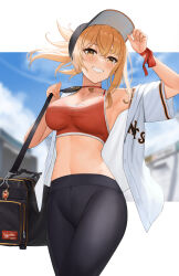 Rule 34 | 1girl, absurdres, armpits, ayul (ayulneri 92), bag, bare shoulders, baseball cap, black hat, black pants, blonde hair, blue sky, blush, breasts, choker, cleavage, collarbone, commentary, contemporary, duffel bag, genshin impact, grin, hat, highres, large breasts, long hair, looking at viewer, navel, nippon professional baseball, off shoulder, open clothes, open shirt, orange sports bra, pants, ponytail, shirt, short sleeves, sky, smile, solo, sports bra, thighs, tight clothes, tight pants, white shirt, yellow eyes, yoga pants, yoimiya (genshin impact), yomiuri giants