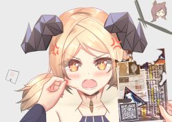 Rule 34 | 2girls, anger vein, arknights, blonde hair, blush, brown hair, cheek pull, commentary request, dream41, grey background, highres, holding, horns, ifrit (arknights), long hair, looking at viewer, multiple girls, open mouth, orange eyes, pov, simple background, skyfire (arknights), upper body