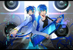 Rule 34 | 2boys, ak (cosmio), ano gakki, bespectacled, blue eyes, blue hair, clone, glasses, headphones, headset, highres, instrument, kaito (vocaloid), keytar, male focus, microphone, multiple boys, revision, smile, speaker, vocaloid