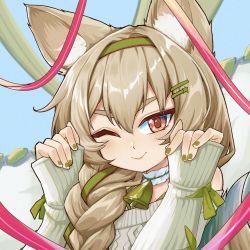 Rule 34 | 1girl, ;), absurdres, arknights, beanstalk (arknights), beanstalk (gift uncompleted) (arknights), bell, brown hair, collar, green hairband, green nails, green ribbon, hair between eyes, hair ornament, hair ribbon, hairband, hairclip, hands up, highres, hpapo, hyena ears, looking at viewer, nail polish, neck bell, off-shoulder sweater, off shoulder, official alternate costume, one eye closed, portrait, red eyes, ribbon, smile, solo, star (symbol), star hair ornament, striped clothes, striped hairband, sweater, v-shaped eyebrows, white collar, white sweater