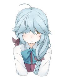 Rule 34 | 1girl, ahoge, aki inu, blue hair, bow, bowtie, braid, braided ponytail, brown eyes, cropped torso, hair over eyes, hamanami (kancolle), kantai collection, long hair, lowres, simple background, solo, upper body, white background
