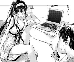 Rule 34 | 1boy, 1girl, barefoot, breasts, cleavage, computer, closed eyes, feet, foot on head, glasses, hairband, head rest, highres, laptop, large breasts, leg up, long hair, monochrome, parted lips, sitting, toes