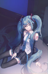 Rule 34 | 1girl, absurdres, bag, between legs, black footwear, black skirt, black sleeves, blue eyes, blue hair, blue nails, blue necktie, boots, collared shirt, commentary, detached sleeves, dress shirt, hair between eyes, hair ornament, hand between legs, hatsune miku, headphones, headset, highres, long hair, long sleeves, looking at viewer, mini person, minigirl, miniskirt, nail polish, necktie, number tattoo, parted lips, pleated skirt, ramingbera, shirt, shoulder tattoo, sitting, skirt, sleeveless, sleeveless shirt, solo, tattoo, thigh boots, thighhighs, twintails, very long hair, vocaloid, white shirt, wing collar, zettai ryouiki