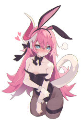 Rule 34 | 1girl, absurdres, animal ears, bare shoulders, black bow, black hairband, black leotard, blue eyes, blush, bow, breasts, brown pantyhose, closed mouth, collarbone, cropped torso, curled horns, fake animal ears, groin, hair between eyes, hairband, highres, honkai (series), honkai impact 3rd, horns, leotard, litsvn, long hair, looking at viewer, nose blush, pantyhose, pink hair, playboy bunny, rabbit ears, rozaliya olenyeva, short eyebrows, signature, simple background, single horn, small breasts, solo, strapless, strapless leotard, tail, thick eyebrows, thigh gap, very long hair, white background, wrist cuffs