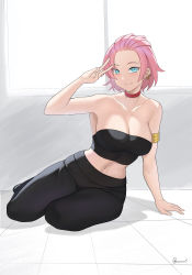 Rule 34 | 1girl, aori sora, arm support, armlet, black pants, black tube top, blue eyes, breasts, choker, cleavage, closed mouth, collarbone, commentary, earrings, english commentary, hand up, highres, jewelry, large breasts, leaning to the side, looking at viewer, midriff, navel, on floor, original, pants, pink hair, red choker, short hair, sitting, smile, solo, strapless, tube top, v