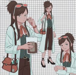 Rule 34 | 1girl, 23011620x, ace attorney, apollo justice: ace attorney, bag, belt, black belt, brown hair, brown pants, closed mouth, collared shirt, ema skye, eyewear on head, food, glasses, half updo, high heels, highres, holding, holding bag, holding food, lab coat, long hair, long sleeves, looking at viewer, multiple views, necktie, pants, ponytail, shirt, shoulder bag, sidelocks, simple background, sleeves rolled up, smile, solo, standing, white shirt